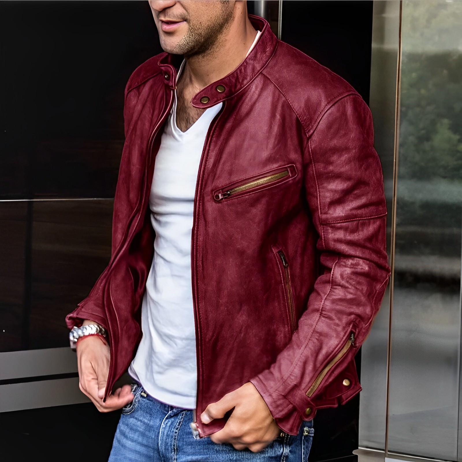 Men's Vintage PU Leather Jacket Stand-Up Collar - RetroEdge Red