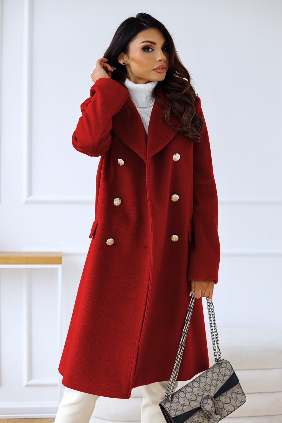Women's Double-Breasted Fitted Trench Coat - Elona Red