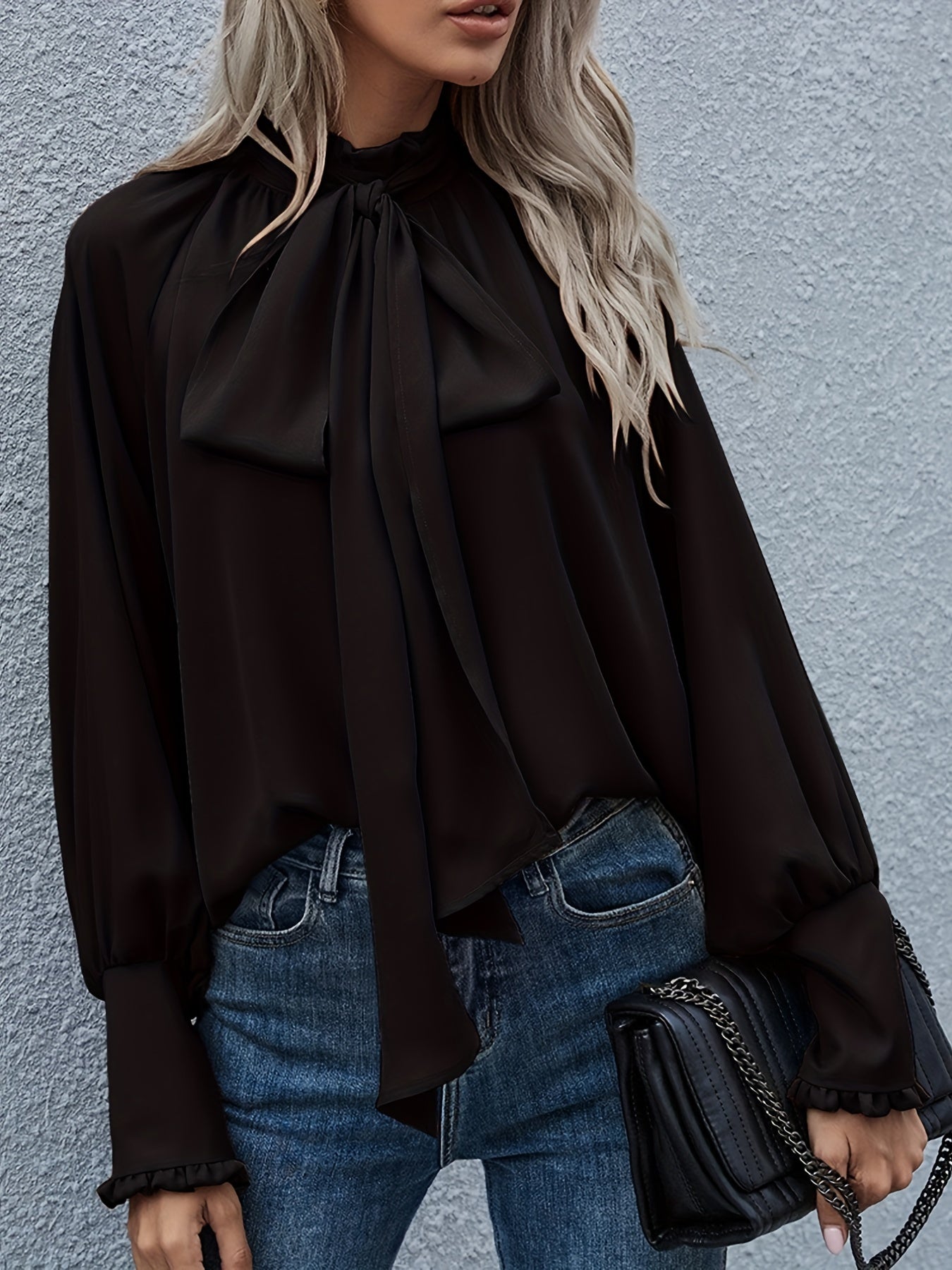 Elegant Tie-Neck Blouse with Puff Sleeves - RuffleChic Black