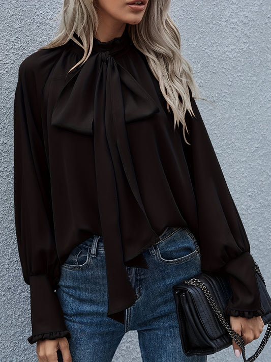 Elegant Tie-Neck Blouse with Puff Sleeves - RuffleChic Black