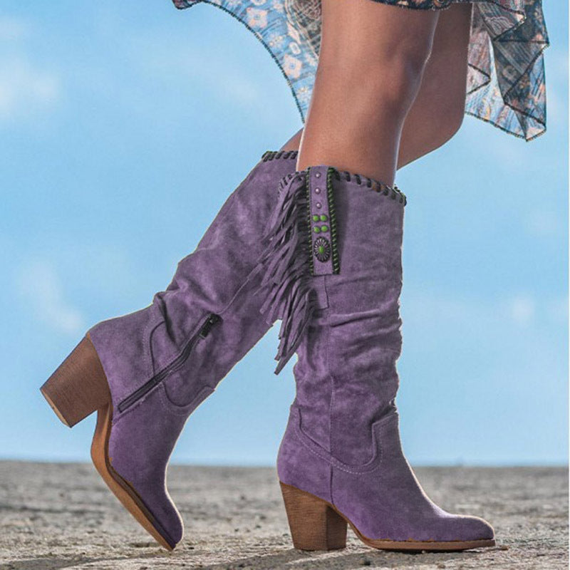 Women's Knee-High Western Boots Faux Suede Fringe Studded - UrbanStyle Purple