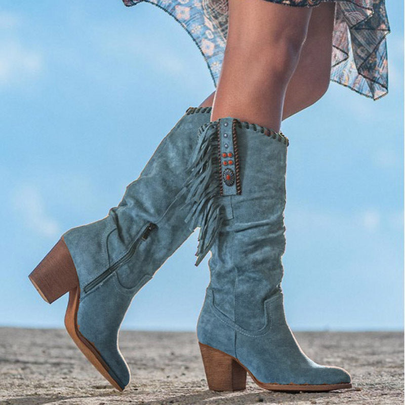 Women's Knee-High Western Boots Faux Suede Fringe Studded - UrbanStyle Blue