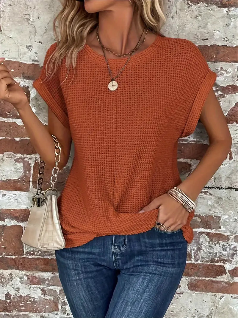 Women's Breathable Waffle Knit Top - Effortless Style, WaffleWeave