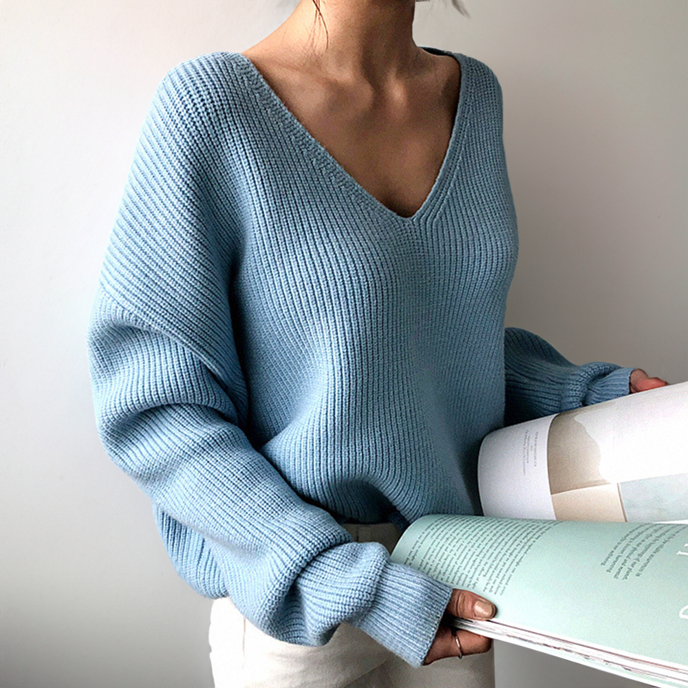 Women's Soft V-Neck Sweater - ComfortKnit Light Blue One Size