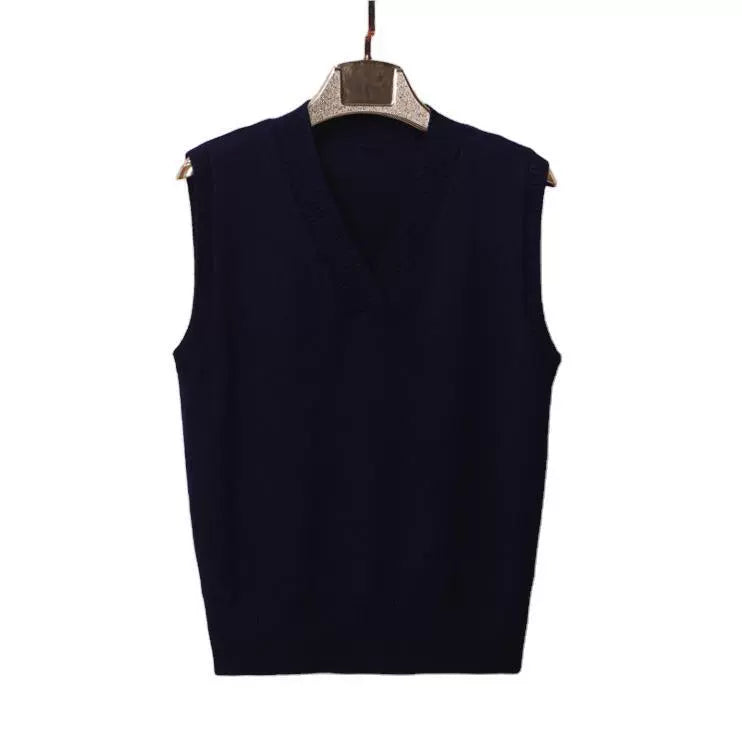 Women’s Sweater Vest – Wool Blend Knit – V-Neck – Ribbed Trim – Relaxed Fit Navy Blue