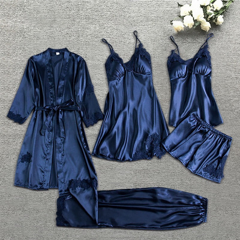 Women's Satin 5-Piece Sleepwear Set - Luxe Lace Trim - SatinDreams Blue