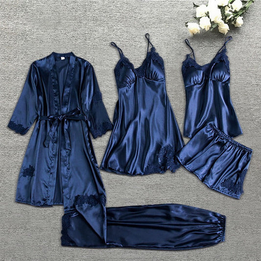 Women's Satin 5-Piece Sleepwear Set - Luxe Lace Trim - SatinDreams Blue