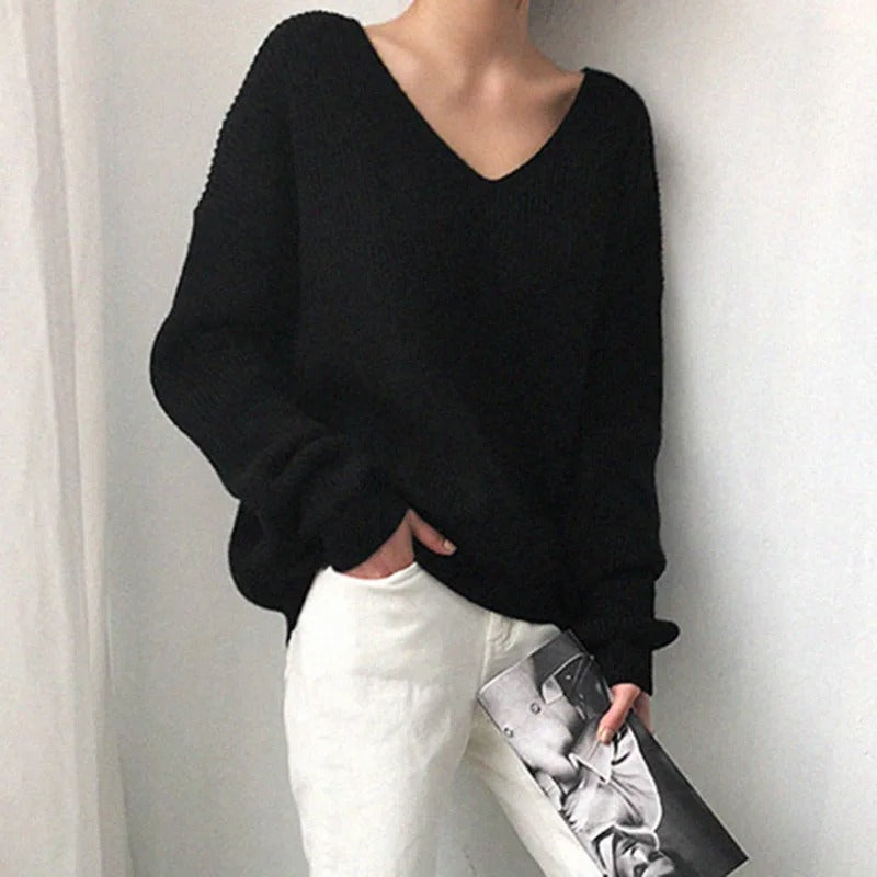 Women's Soft V-Neck Sweater - ComfortKnit Black One Size