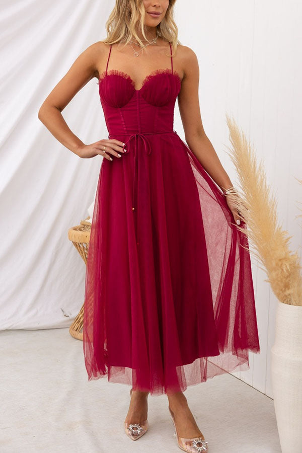 Women's Chiffon Maxi Dress - Elegant Flowy Tulle Overlay - GalaGown Wine Red