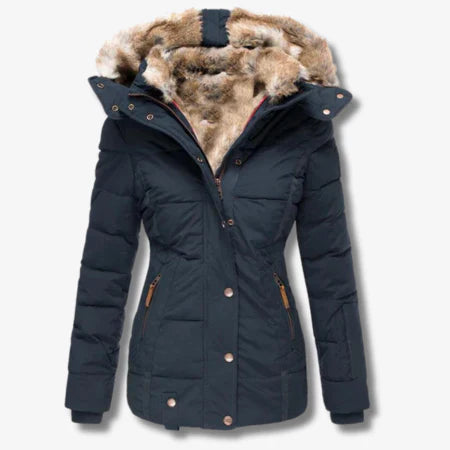 Women's Quilted Puffer Coat Faux Fur Hood - WinterWarm Navy