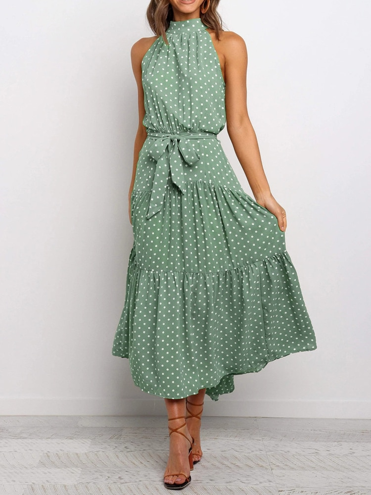 Women's Polka Dot Midi Dress - Flattering Fit, Flowy Halter - DotBloom Green