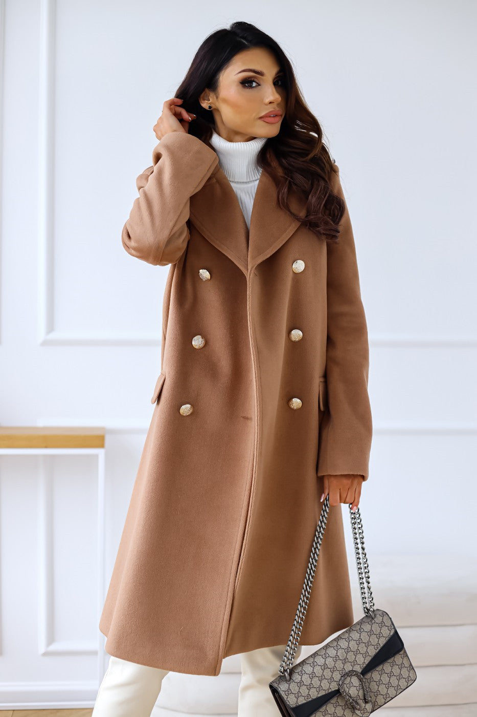 Women's Wool Blend Trench Coat - Double-Breasted City Chic - Urbanity Brown