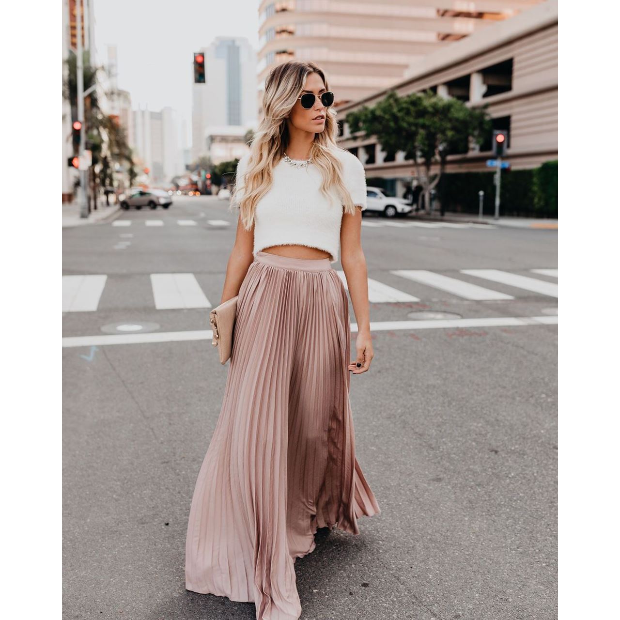 Women's High-Waist Maxi Skirt - Elegant Pleated Flowing Skirt - BellaBloom Pink