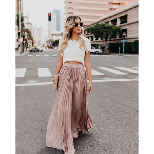 Women's High-Waist Maxi Skirt - Elegant Pleated Flowing Skirt - BellaBloom Pink