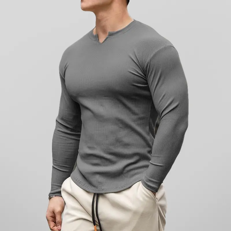 Men’s Henley Shirt - Ribbed Knit - Slim Fit - Long Sleeve Casual Wear Gray