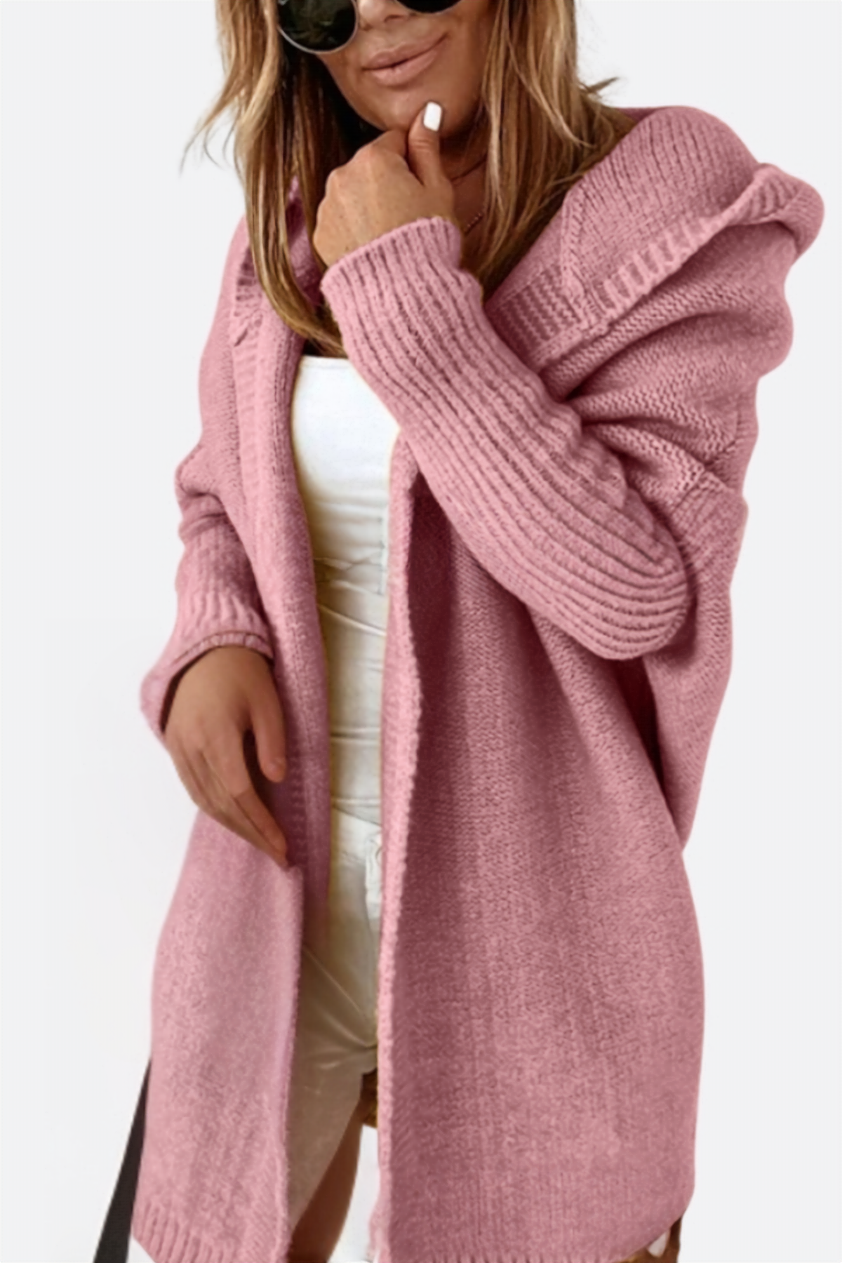 Women's Knitted Hooded Cardigan - Cozy Outdoor Chic - HoodiKnit Light pink