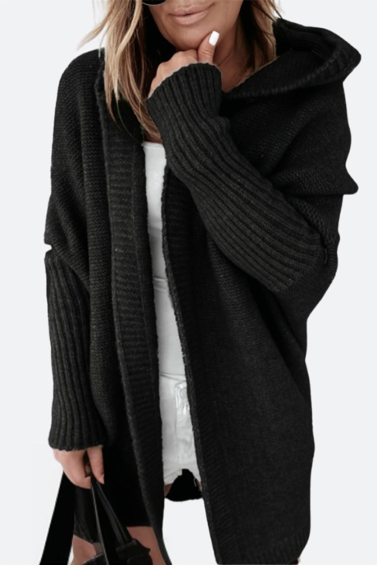 Women's Knitted Hooded Cardigan - Cozy Outdoor Chic - HoodiKnit Black