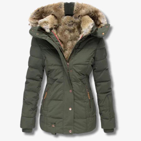 Women's Quilted Puffer Coat Faux Fur Hood - WinterWarm Green