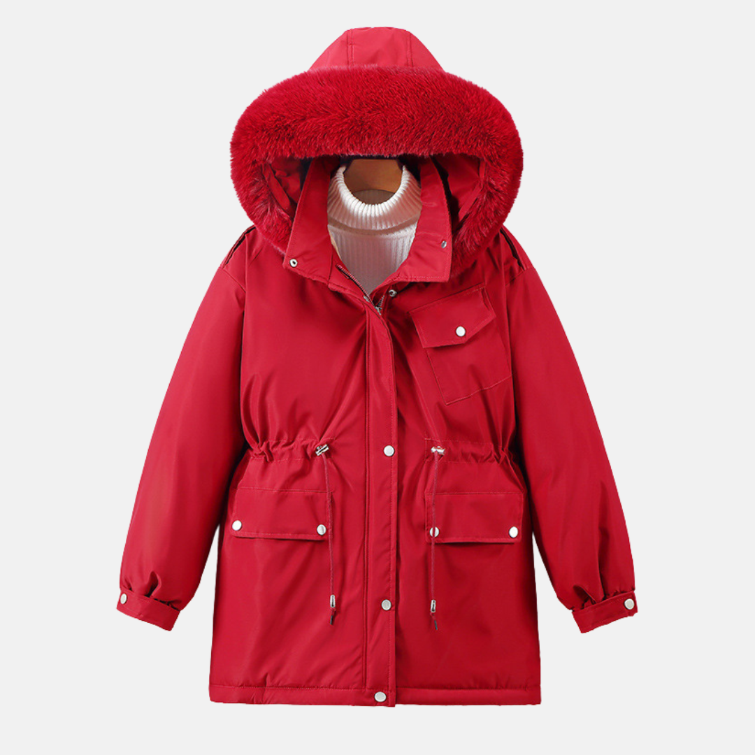Women's Relaxed Fit Parka - Faux Fur Hood, Adjustable Waist - UrbanChill Red