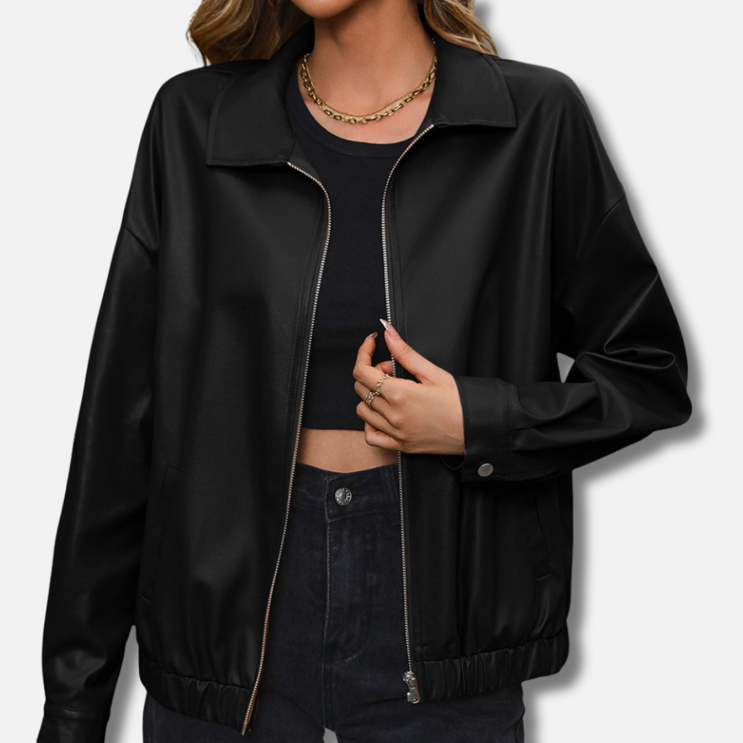 Women's PU Leather Biker Jacket Relaxed Fit Cropped - UrbanEdge Black