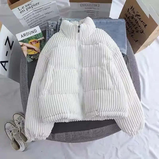 Women's Quilted Corduroy Zip-Up Coat - Cozy Oversized Jacket - CuddleCoat White