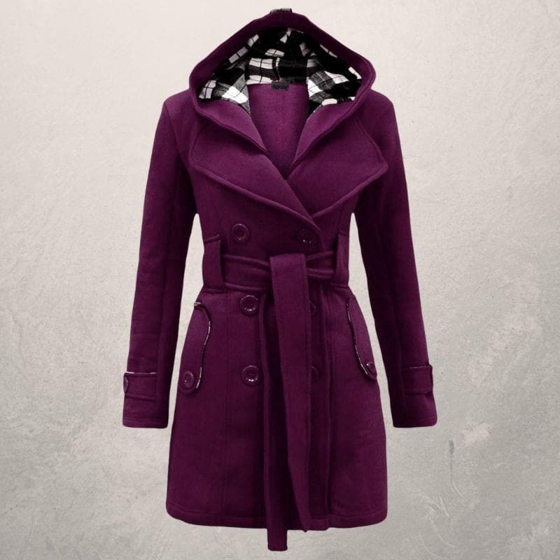 Women's Wool Blend Hooded Coat - Chic Belted Winter Overcoat - WinterGrace Purple