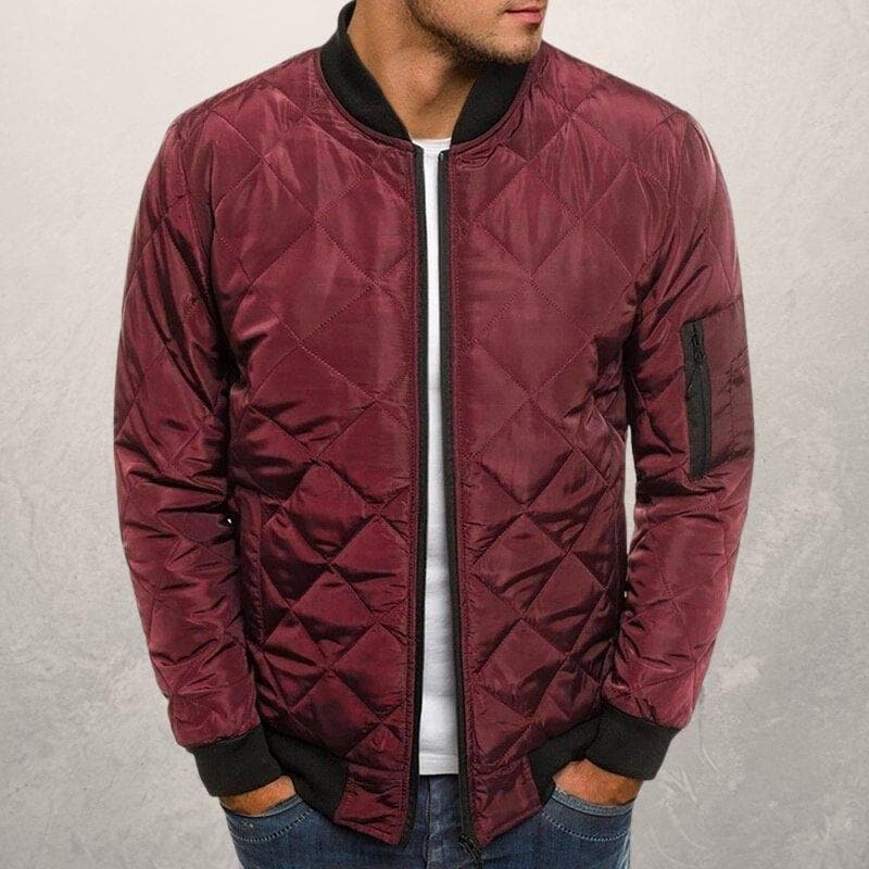 Men’s Bomber Jacket – Quilted Diamond Pattern – Wind Resistant – Ribbed Trim – Utility Pocket Dark Red