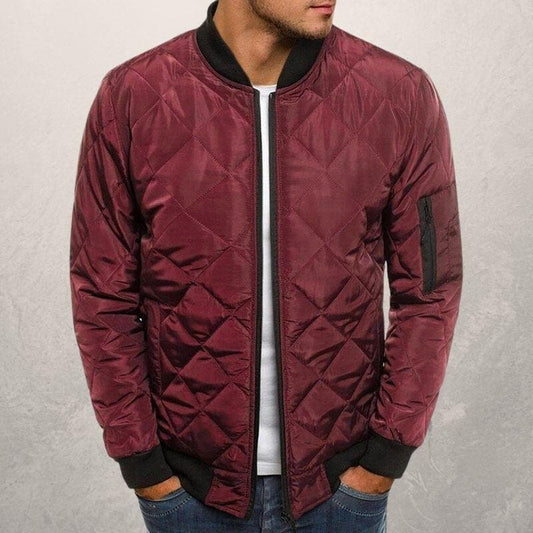 Men’s Bomber Jacket – Quilted Diamond Pattern – Wind Resistant – Ribbed Trim – Utility Pocket Dark Red