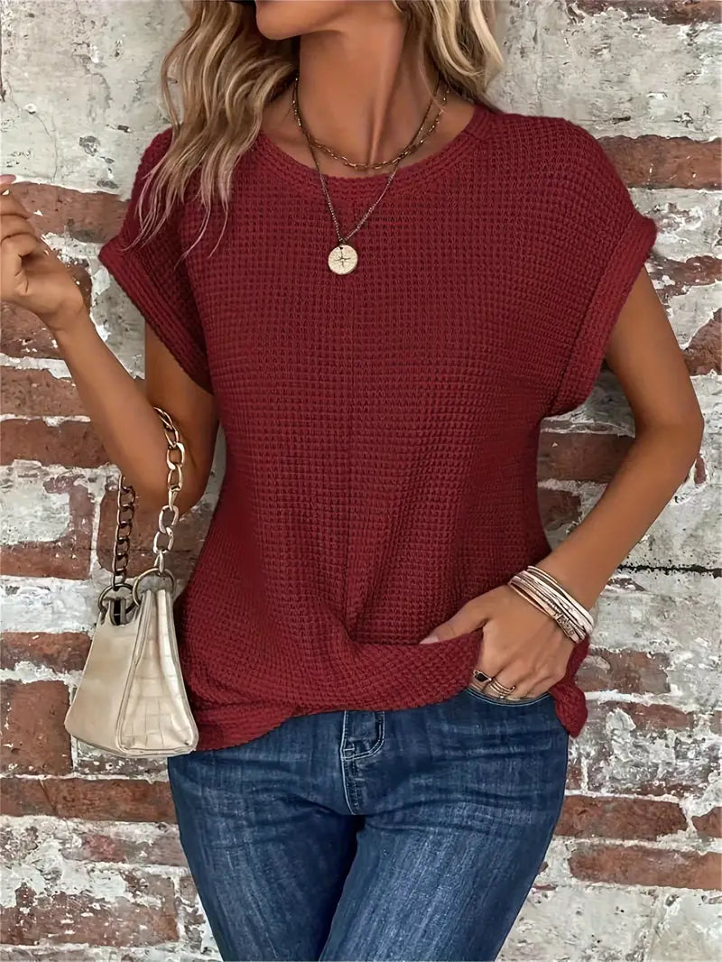 Women's Breathable Waffle Knit Top - Effortless Style, WaffleWeave