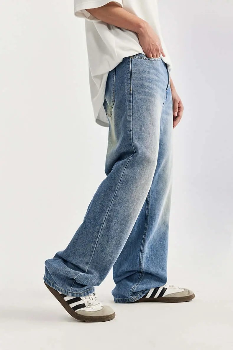 Men’s Wide-Leg Jeans – Relaxed Fit – Cotton Denim – Vintage Distressed Full Length