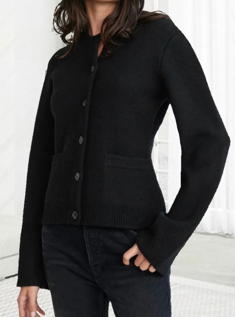 Women's Elegant Flare Sleeve Cardigan - FlowKnit Black