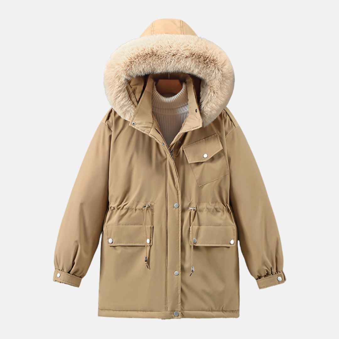 Women's Relaxed Fit Parka - Faux Fur Hood, Adjustable Waist - UrbanChill Khaki