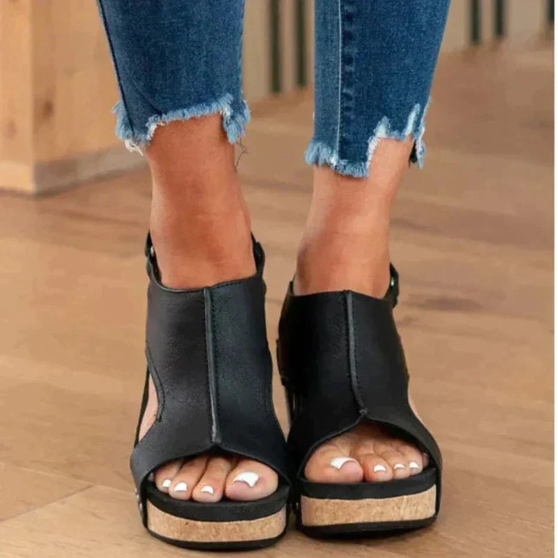 Women's Leather Wedge Sandals Cushioned Open Toe - UrbanStride