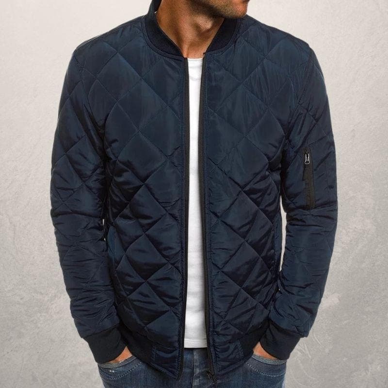 Men’s Bomber Jacket – Quilted Diamond Pattern – Wind Resistant – Ribbed Trim – Utility Pocket Dark Blue