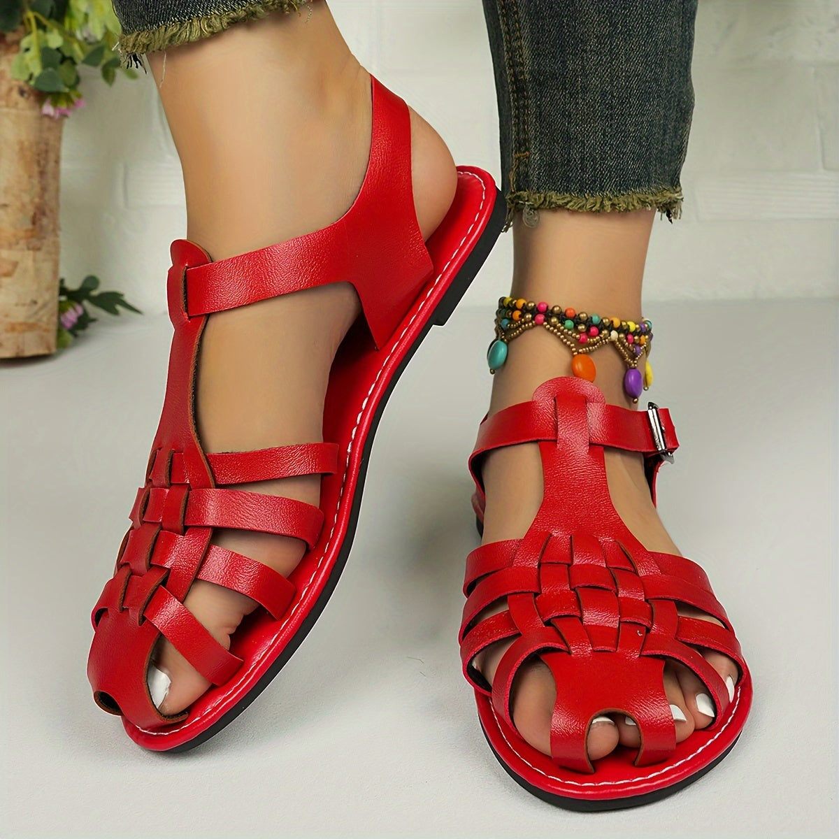 Women's Ankle Strap Sandals - Cushioned Summer Flats - SunStride Red