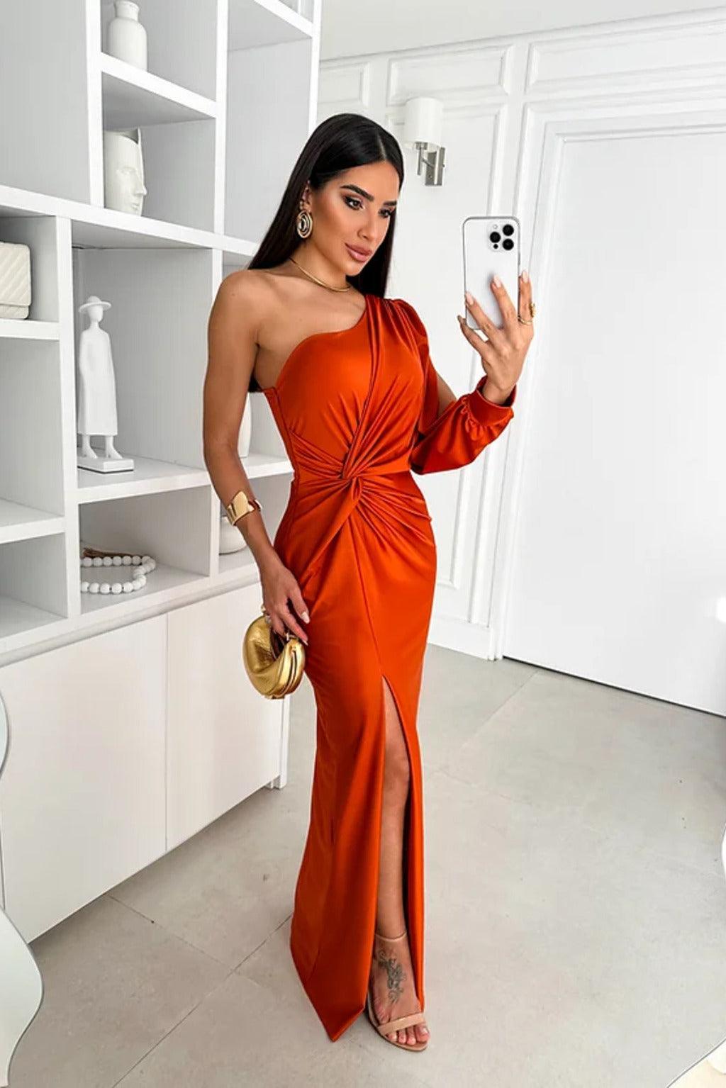 Elegant One-Shoulder Maxi Dress High Slit - EveningStar