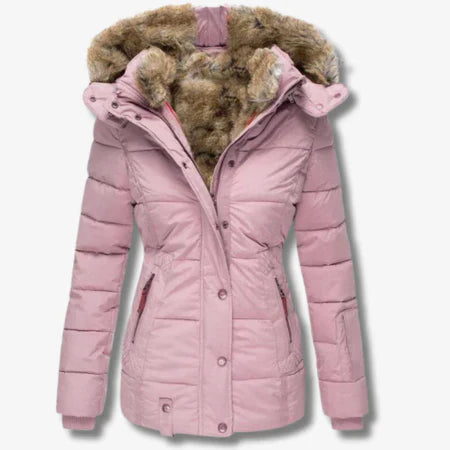Women's Quilted Puffer Coat Faux Fur Hood - WinterWarm Pink