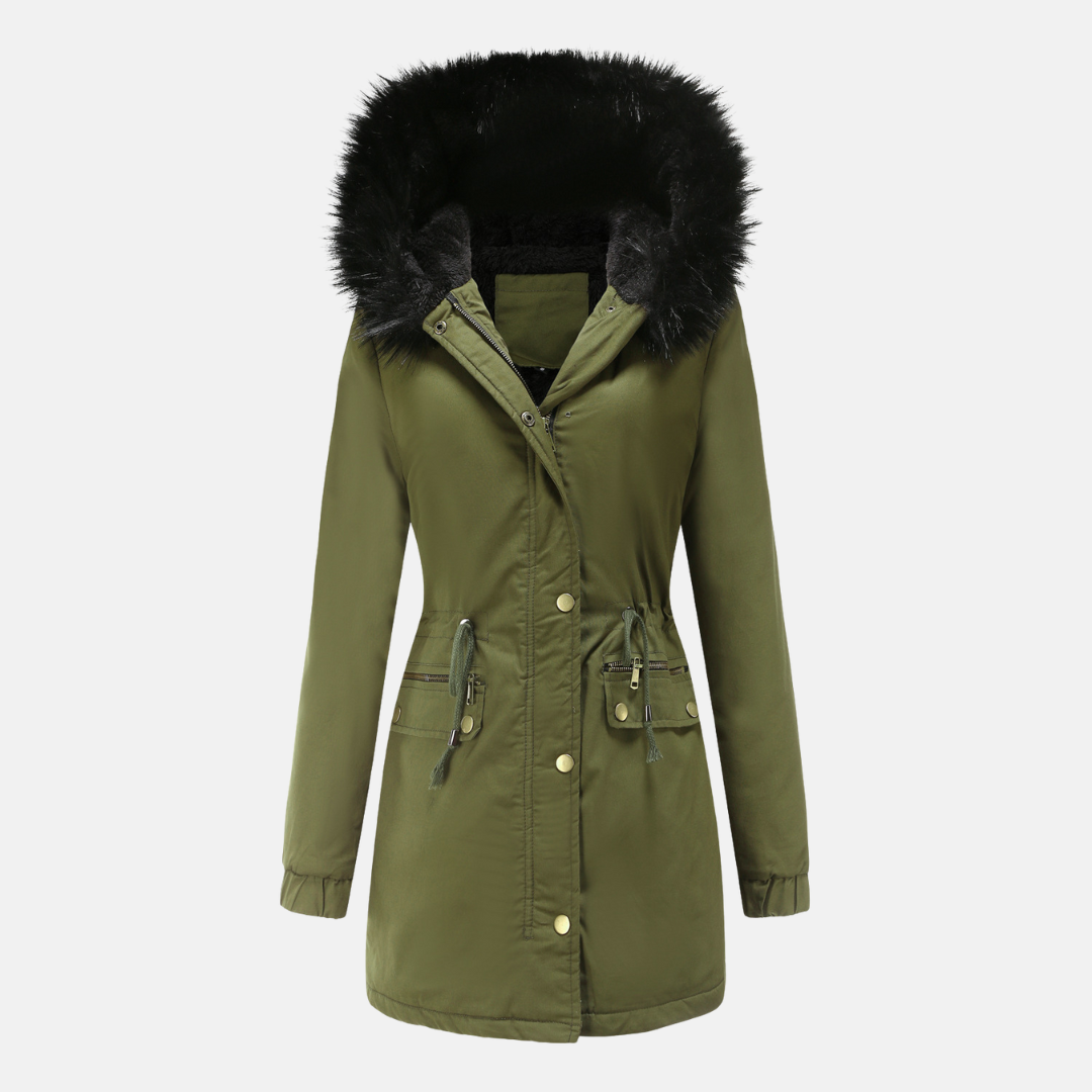 Women's Longline Parka Jacket Faux Fur Hood - WinterCharm Green