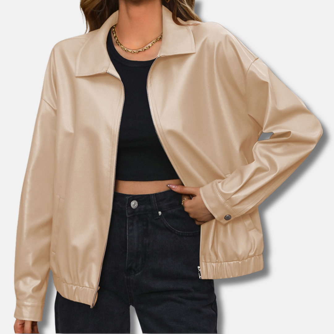 Women's PU Leather Biker Jacket Relaxed Fit Cropped - UrbanEdge