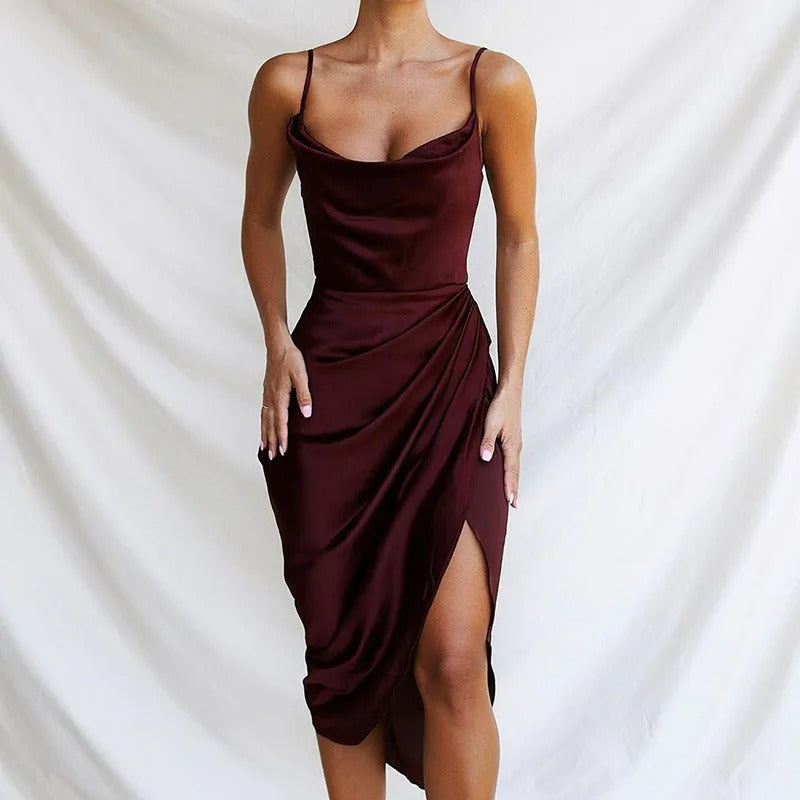Women's Satin Mini Dress Cowl Neck High Slit - EveningMuse Bordeaux