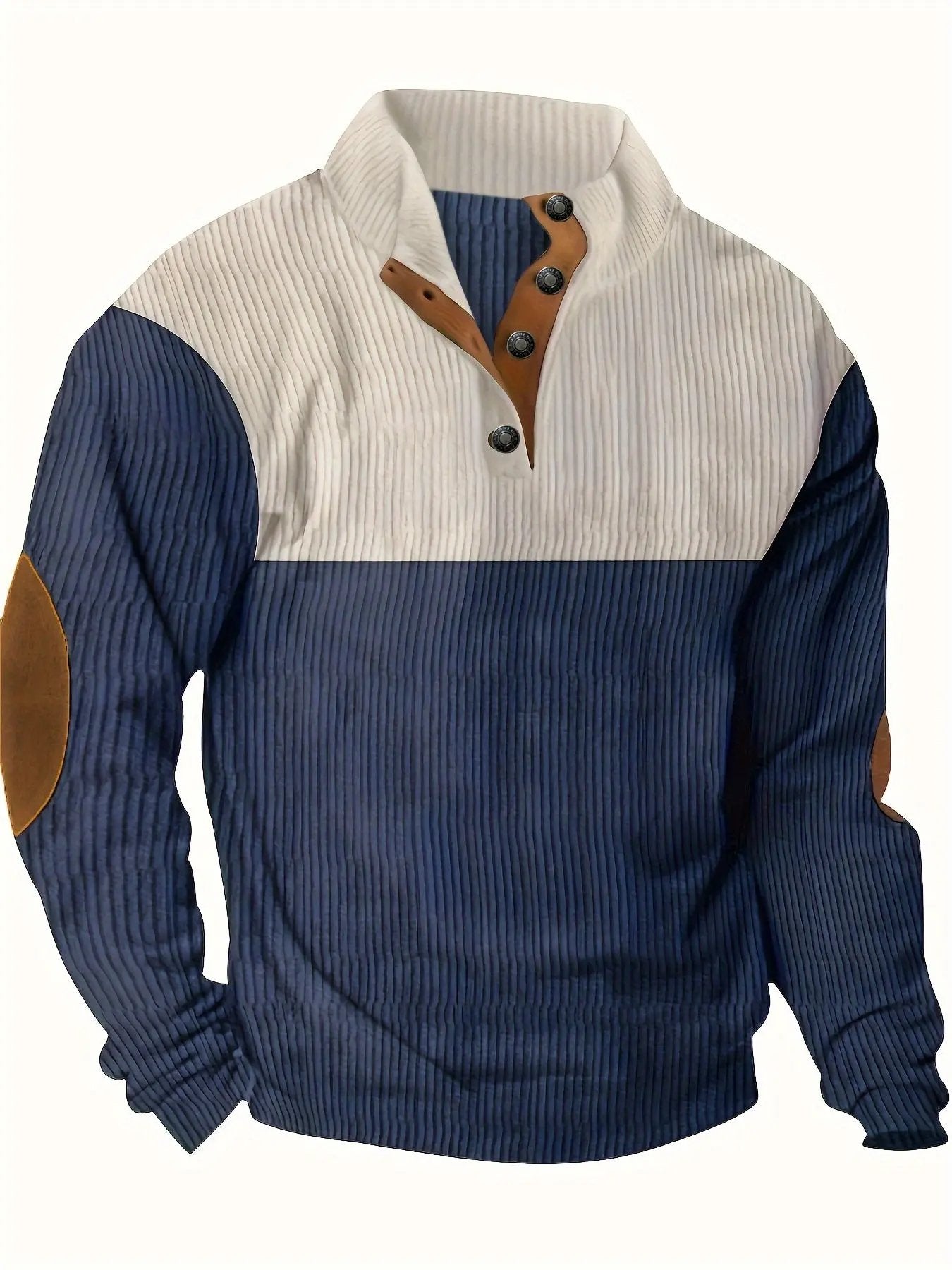 Men’s Ribbed Pullover Sweater - Quarter Button - Stand Collar - Long Sleeve - Elbow Patches Navy Blue