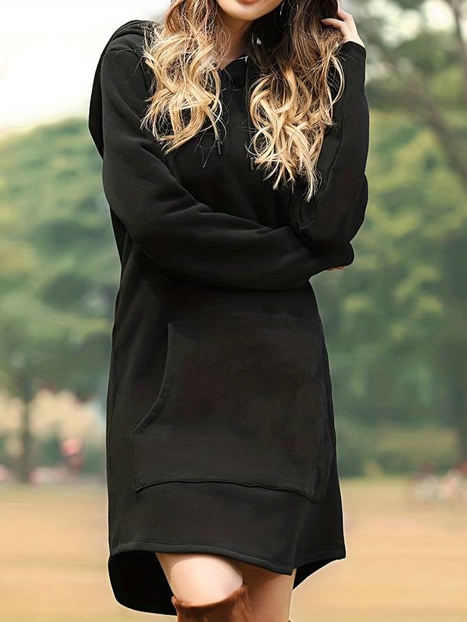 Women's Relaxed Fit Hoodie Dress with Pocket - ComfortChic Black