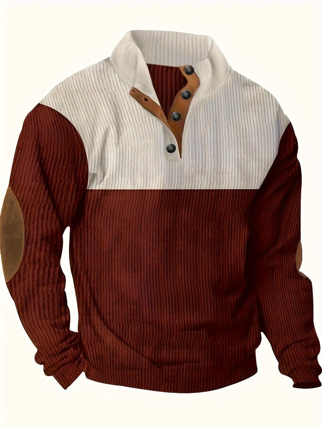 Men’s Ribbed Pullover Sweater - Quarter Button - Stand Collar - Long Sleeve - Elbow Patches Burgundy