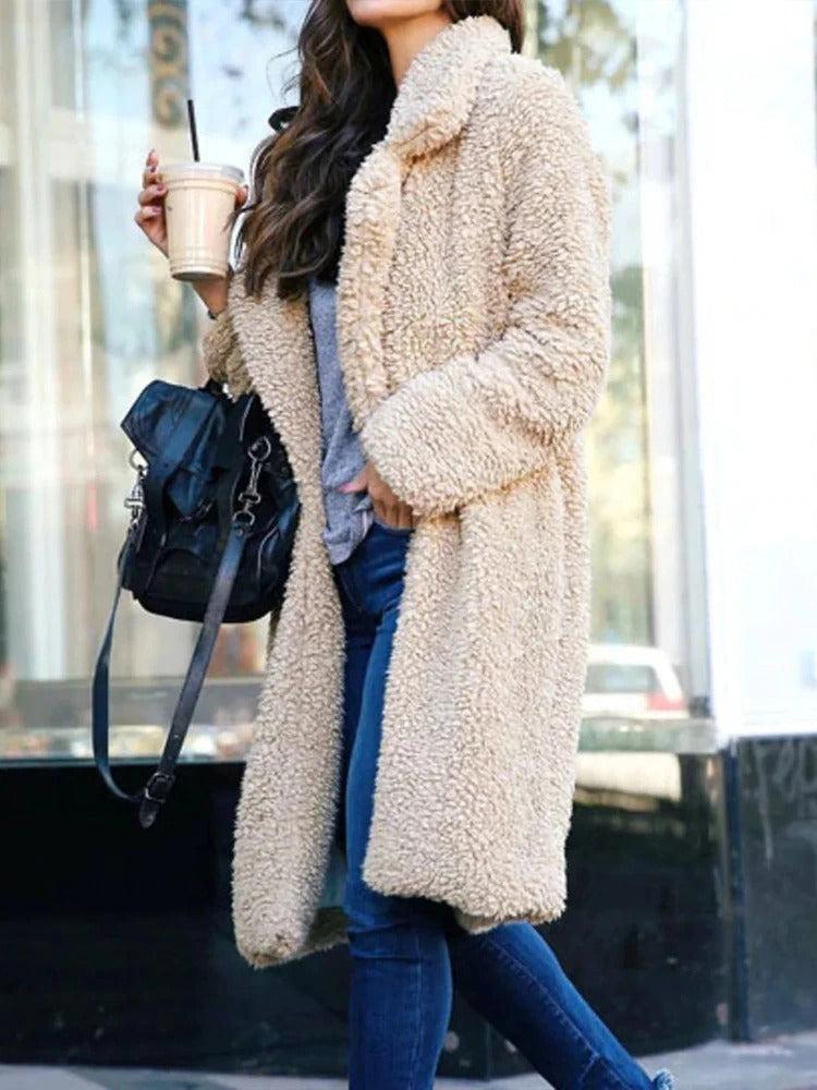 Women's Plush Faux Shearling Coat - Elegant Wide Lapel - ShearGlam Apricot