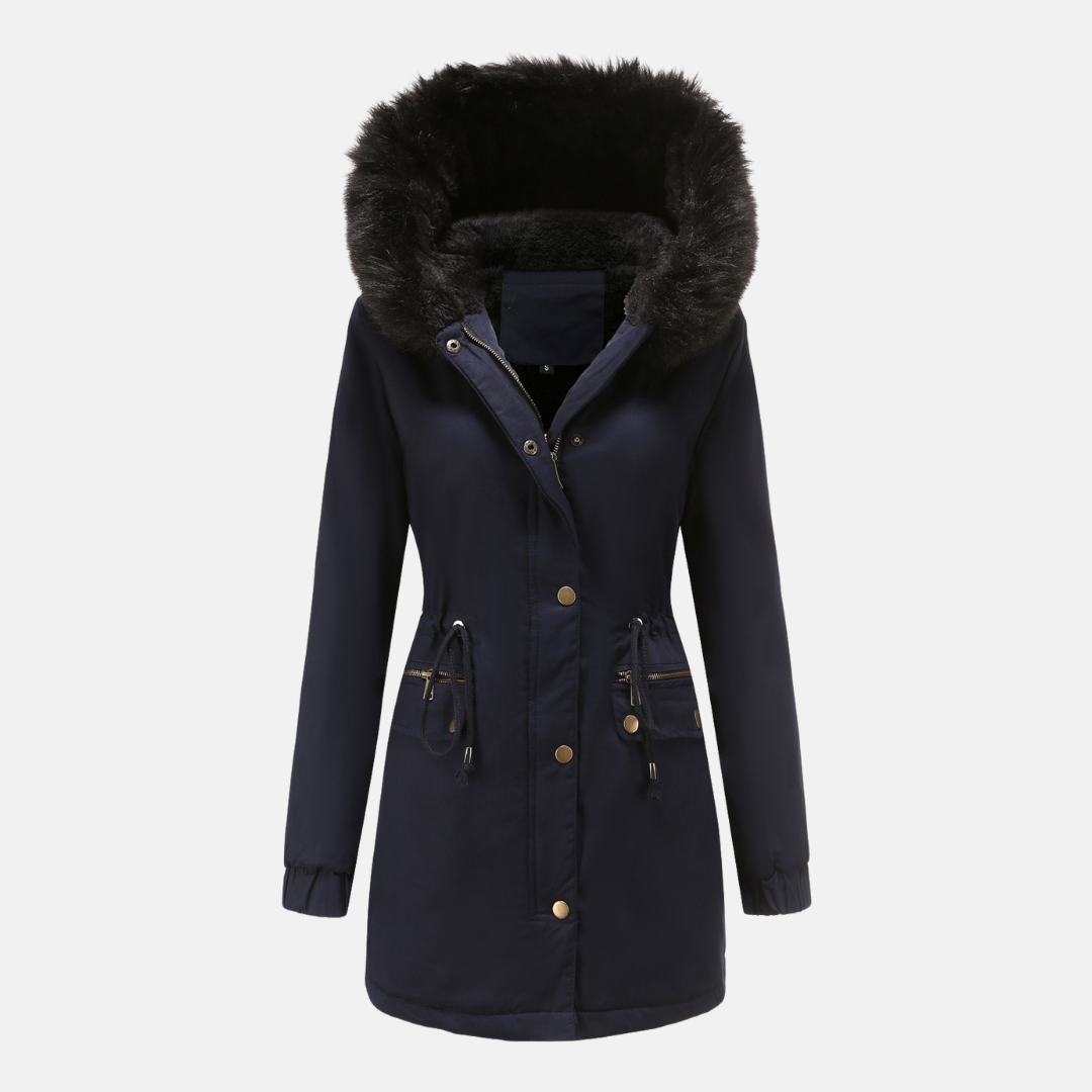 Women's Longline Parka Jacket Faux Fur Hood - WinterCharm Navy Blue