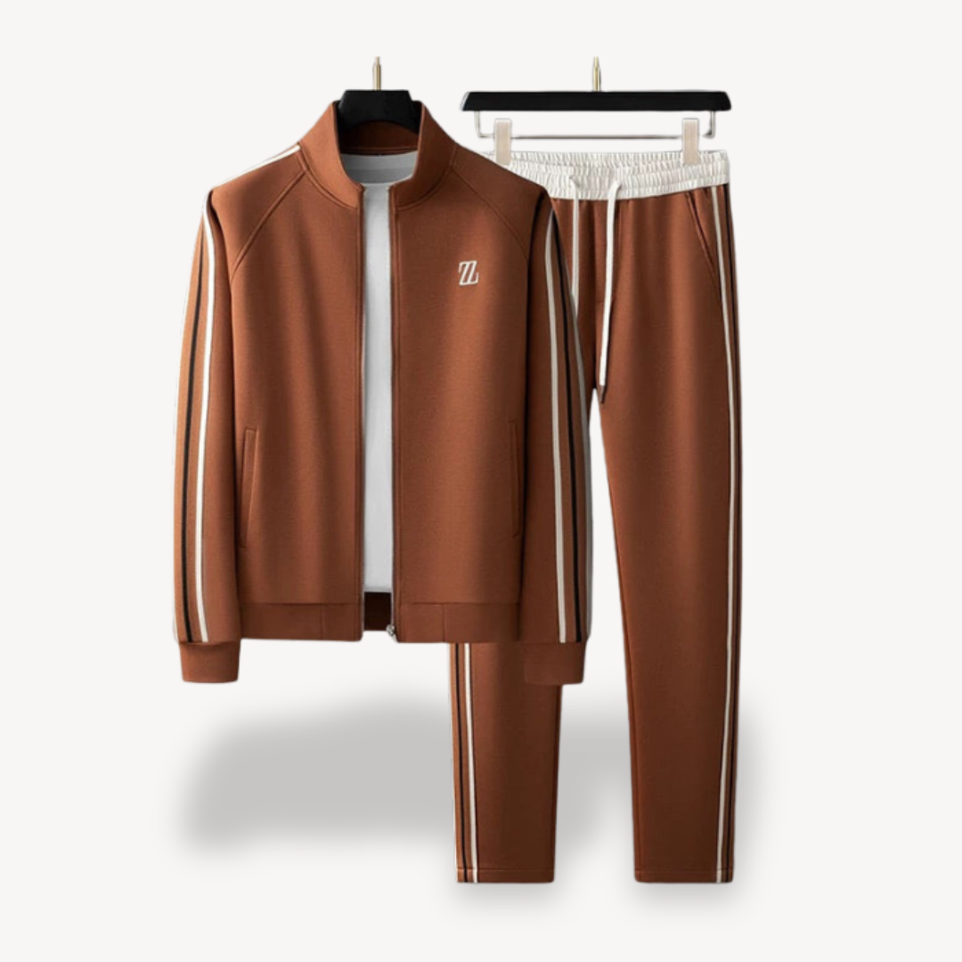 Men’s Tracksuit Set – Slim Fit – Side Stripe – Zip Jacket & Drawstring Joggers Brown