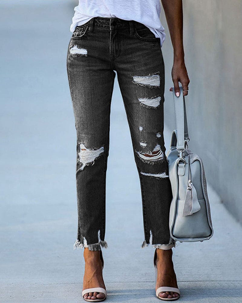 Women's Ripped Denim Jeans - StreetEdge Black