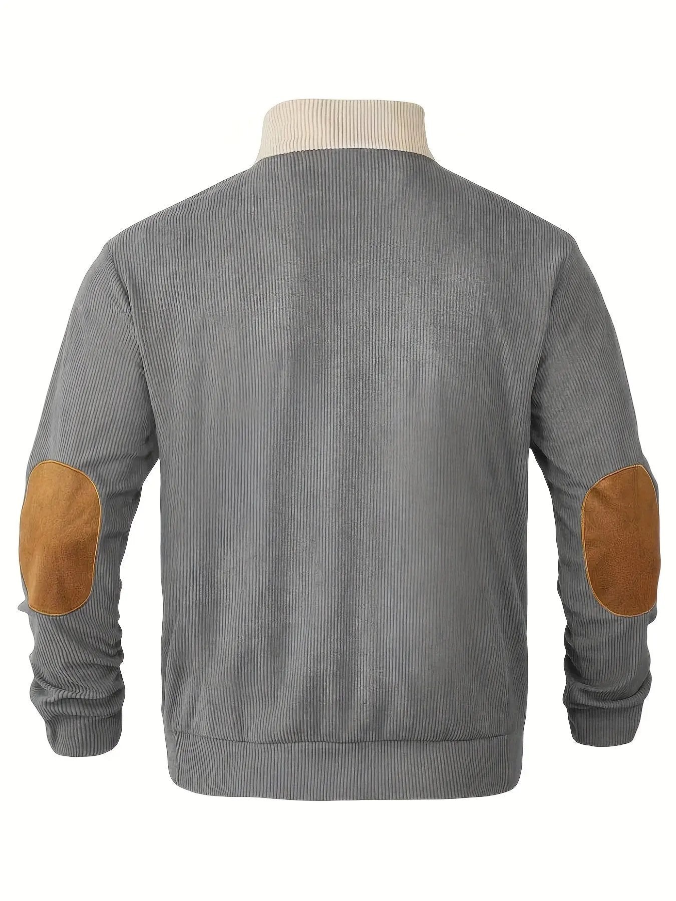 Men’s Ribbed Pullover Sweater - Quarter Button - Stand Collar - Long Sleeve - Elbow Patches