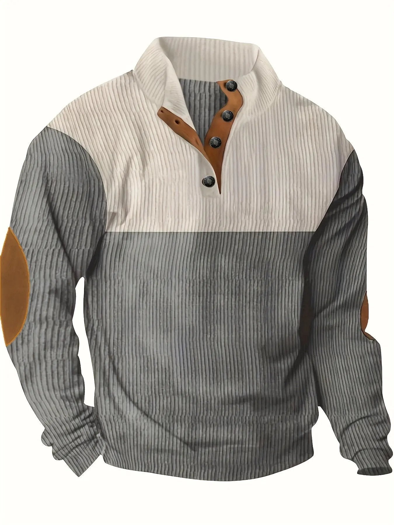 Men’s Ribbed Pullover Sweater - Quarter Button - Stand Collar - Long Sleeve - Elbow Patches Grey