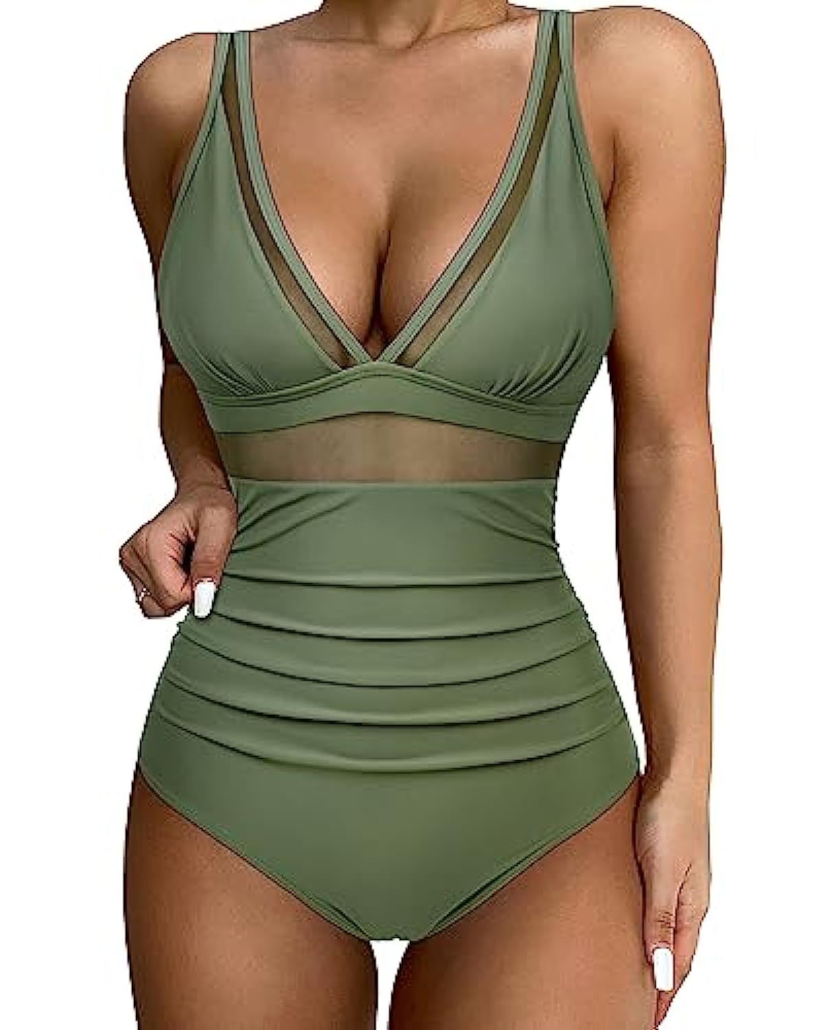 Women's Mesh Panel One-Piece Swimsuit - Flattering High-Cut - SeaSculpt Olive green